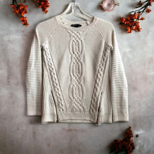 INC International Concepts Petite White Knit Scoop Neck Sweater Gold Zipper